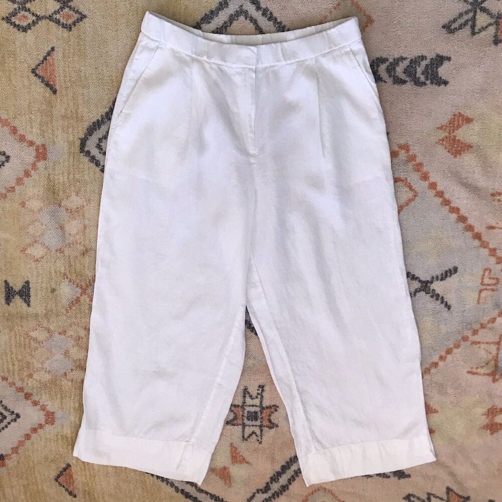 Eileen Fisher White Organic Linen Cropped Pleated Straight Leg Pants Womens L